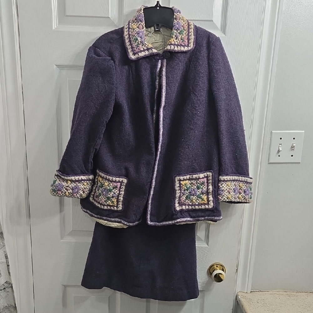 VINTAGE SET Purple Wool Coat and Skirt Set with Embroidered Trim